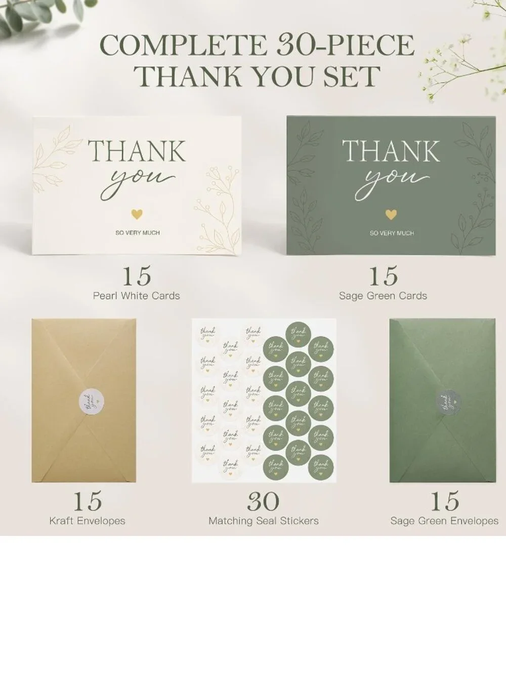Sage Green & Pearl White Thank You Cards with Envelopes & Stickers